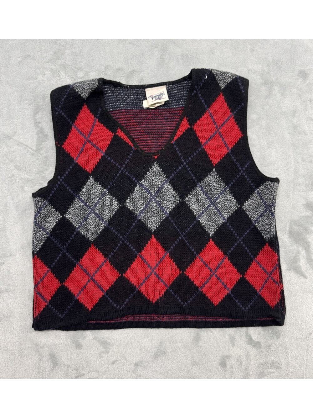 VTG Huntington Ridge Sweater Vest Womens Medium Y2K Argyle Black Red Grey